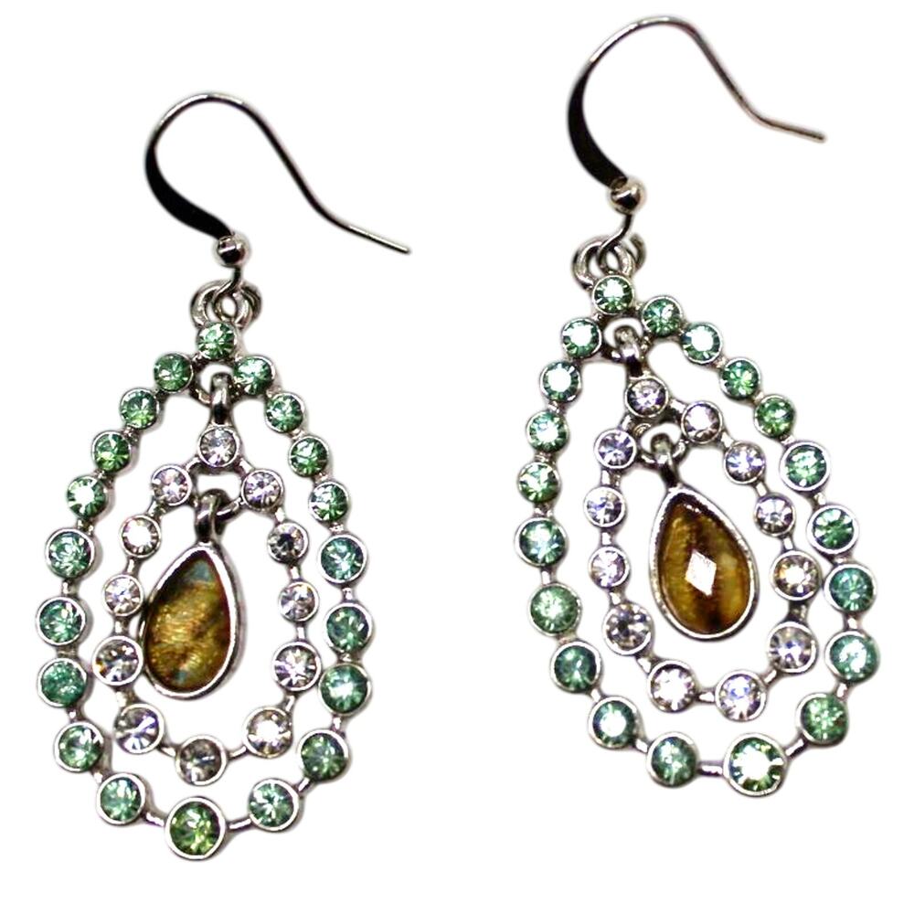 Elegant Double Hoop Rhinestone Drop Earrings • Silvertone • Aqua Clear • Hook